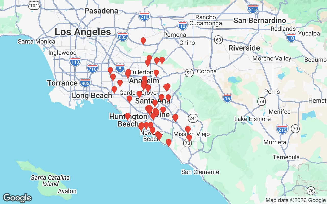 Orange County service area map — Oil Guyz free used cooking oil pickup coverage across CA with 60 restaurant pickup locations highlighted
