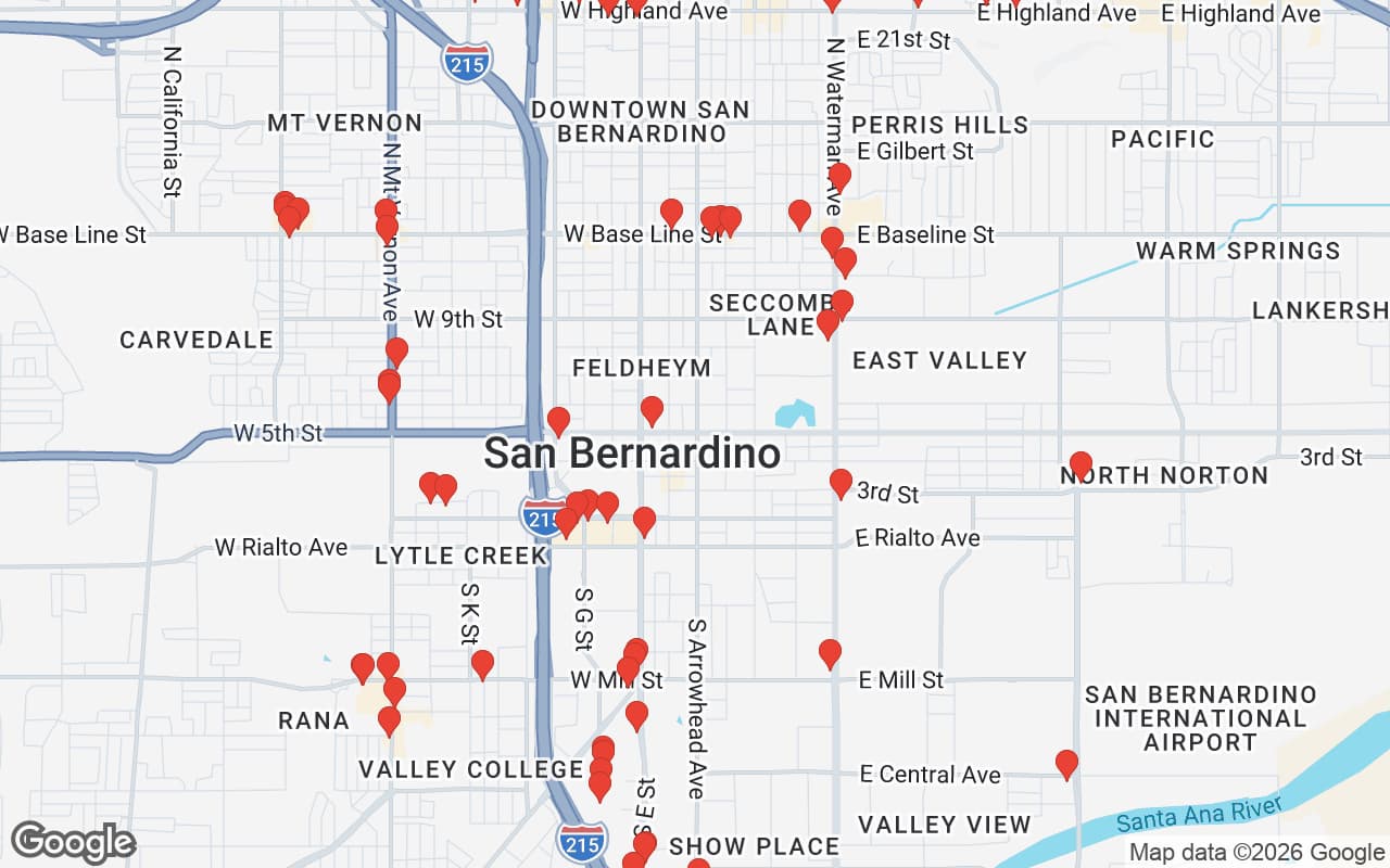 Map of San Bernardino, CA showing 60 restaurant locations served by Oil Guyz free used cooking oil pickup