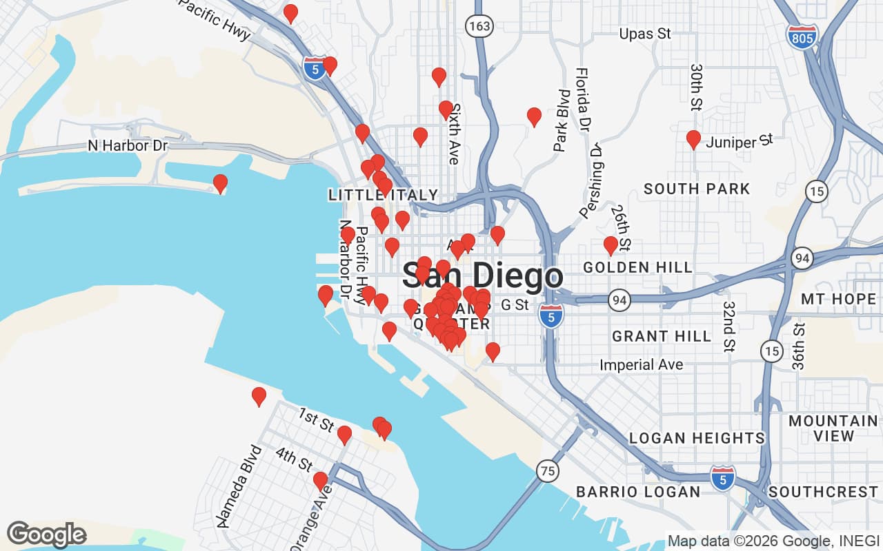 Map of San Diego, CA showing 60 restaurant locations served by Oil Guyz free used cooking oil pickup