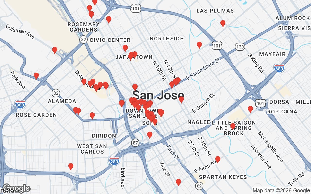 Map of San Jose, CA showing 60 restaurant locations served by Oil Guyz free used cooking oil pickup