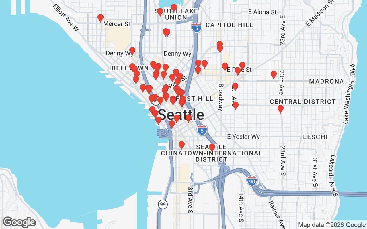 Map of Seattle, WA showing 60 restaurant locations served by Oil Guyz free used cooking oil pickup