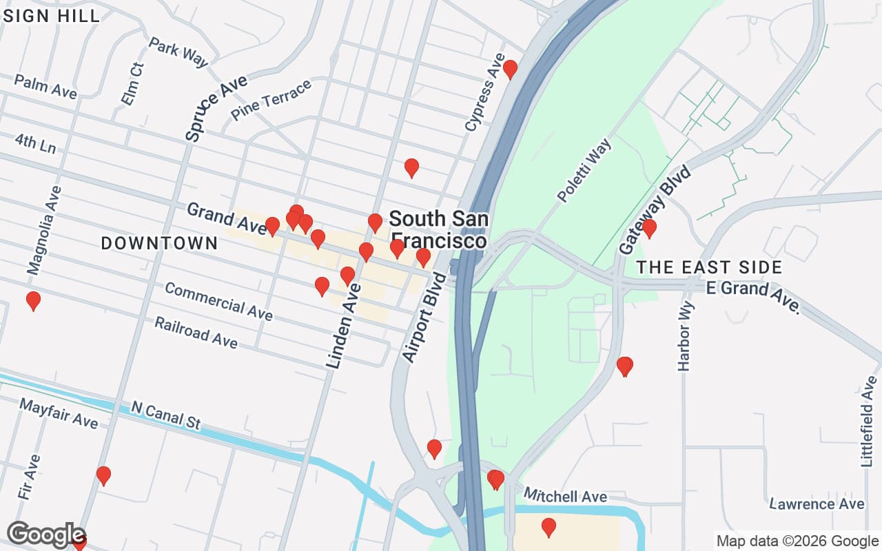 Map of South San Francisco, CA showing 50 restaurant locations served by Oil Guyz free used cooking oil pickup