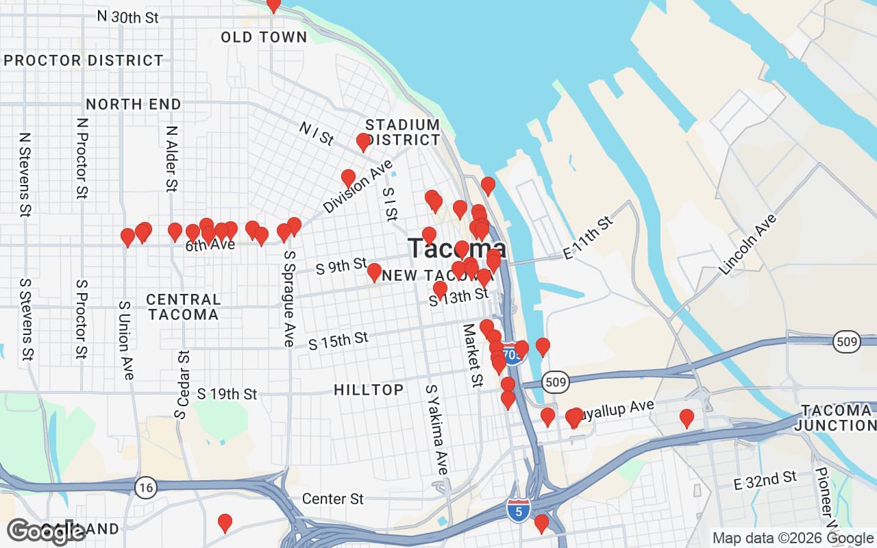 Map of Tacoma, WA showing 58 restaurant locations served by Oil Guyz free used cooking oil pickup