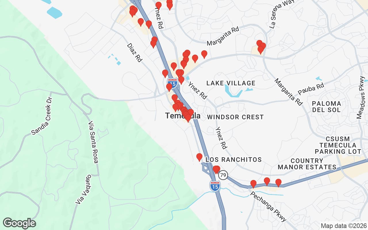 Map of Temecula, CA showing 60 restaurant locations served by Oil Guyz free used cooking oil pickup