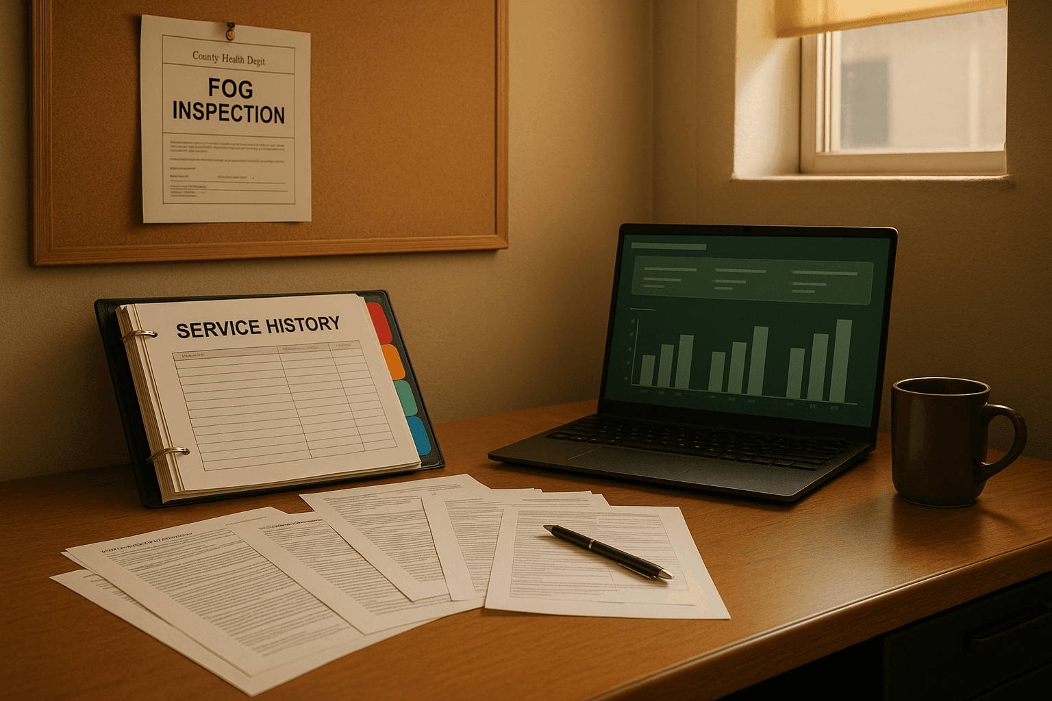 Health inspector reviewing restaurant grease trap compliance documentation with a commercial kitchen manager