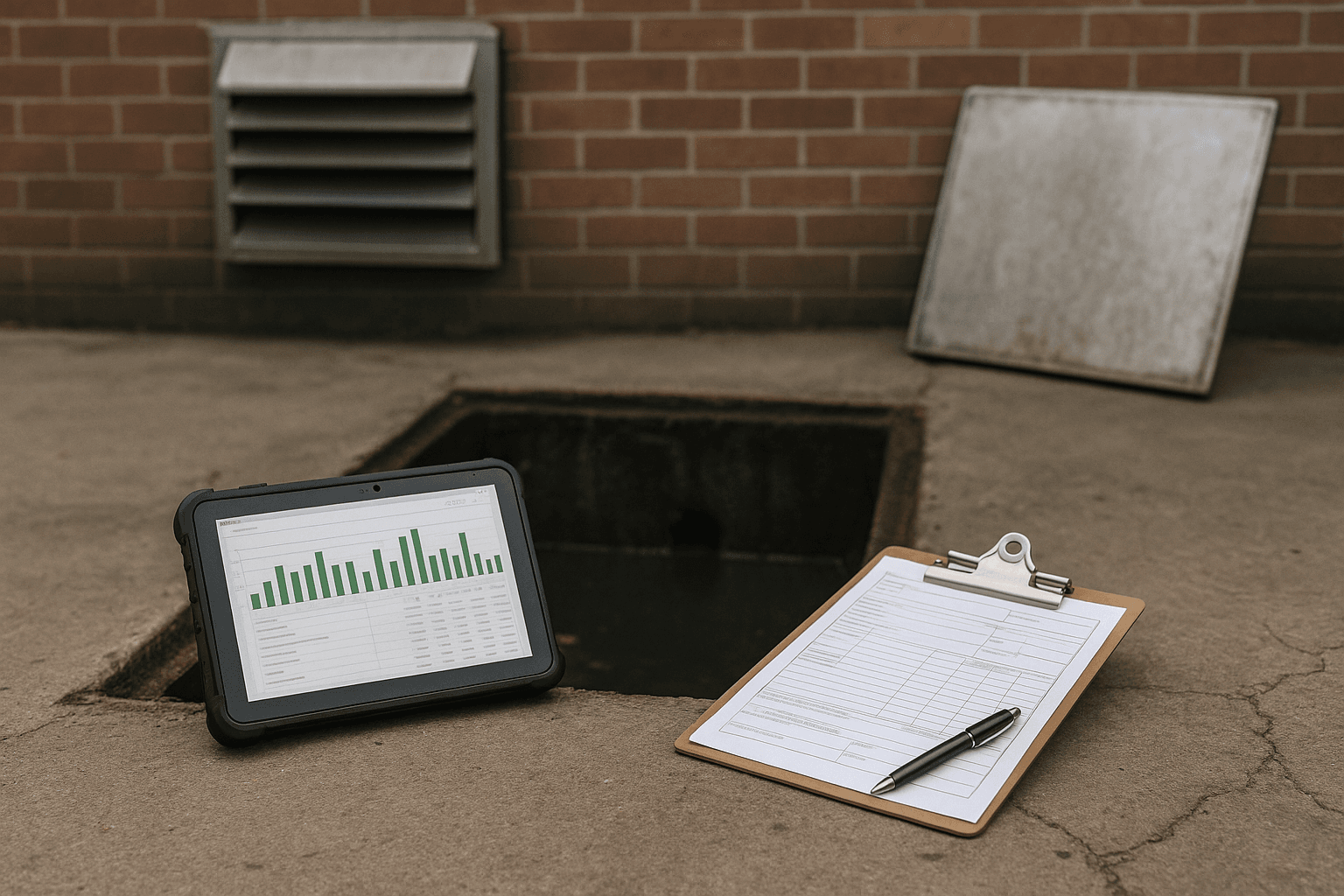 Digital restaurant service report on a tablet showing grease trap cleaning measurements for a commercial kitchen