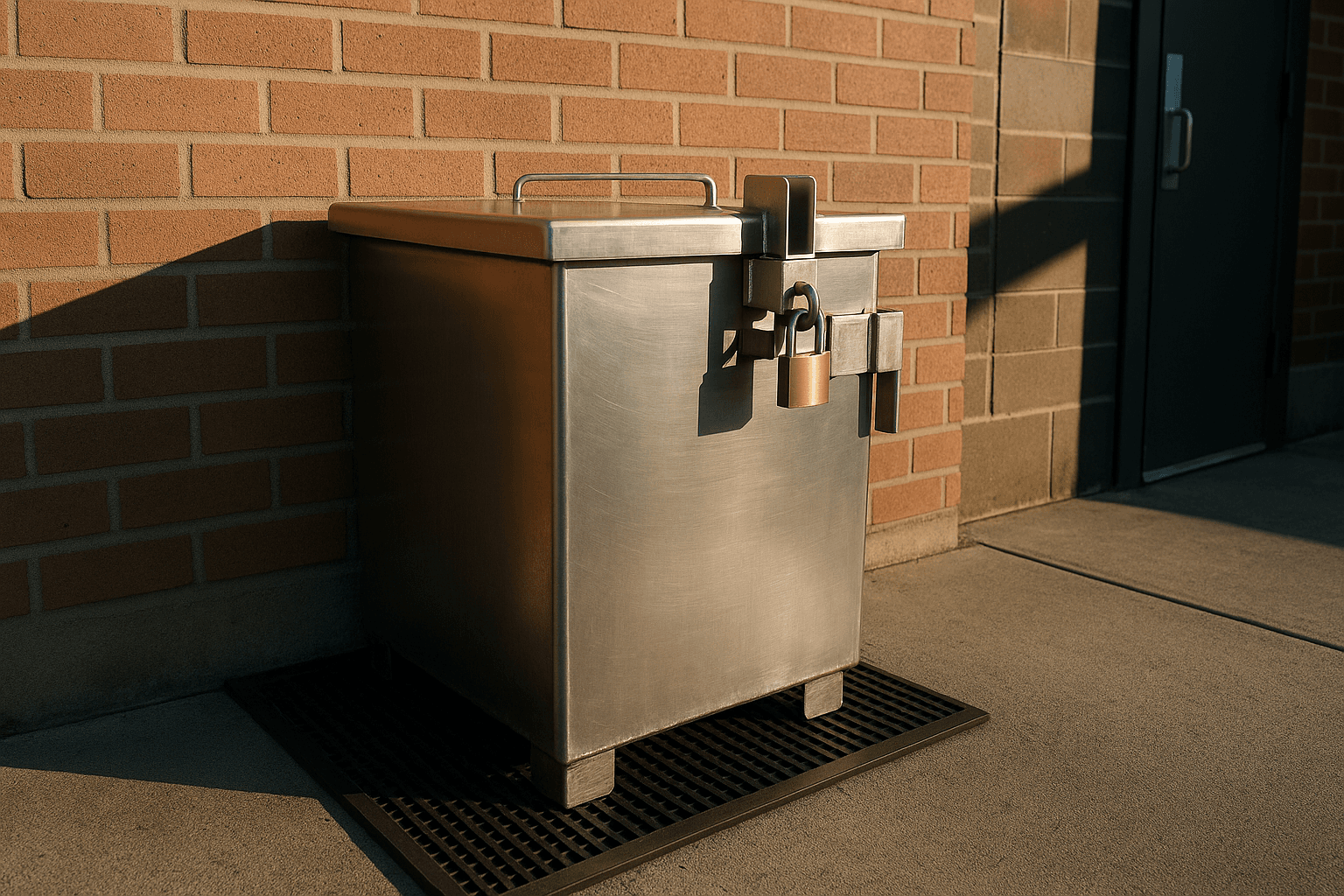 Locked anti-theft used cooking oil container mounted at a restaurant kitchen
