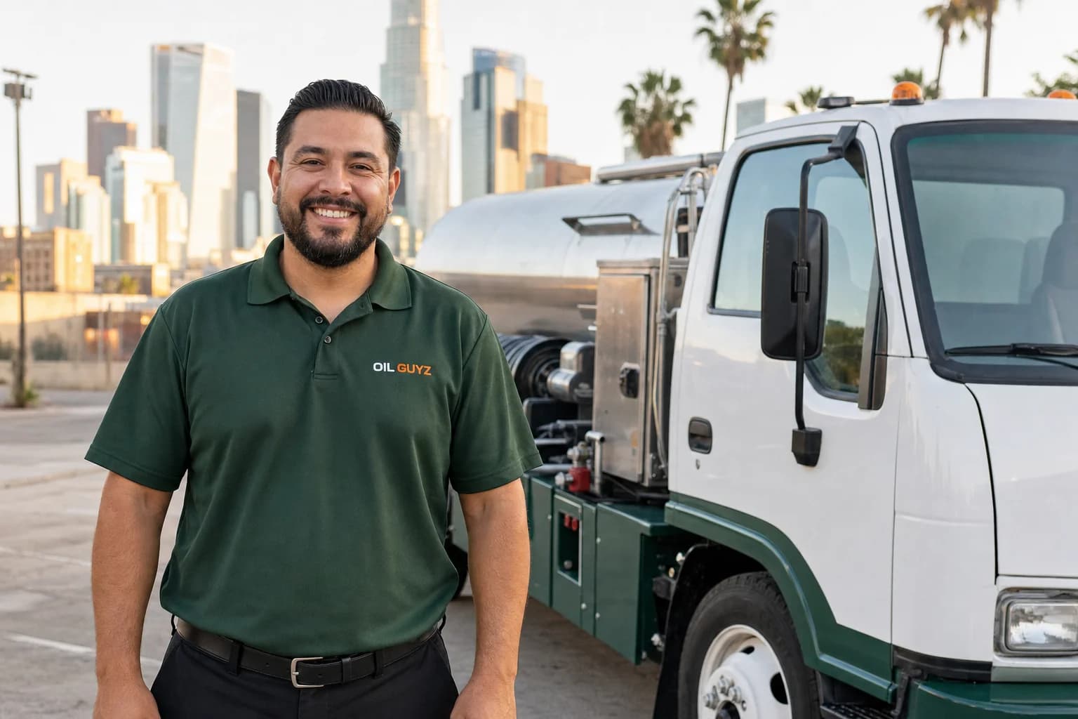 Smiling Oil Guyz used cooking oil pickup driver in a hunter-green polo beside an unbranded white pump truck, with the downtown Los Angeles skyline behind him