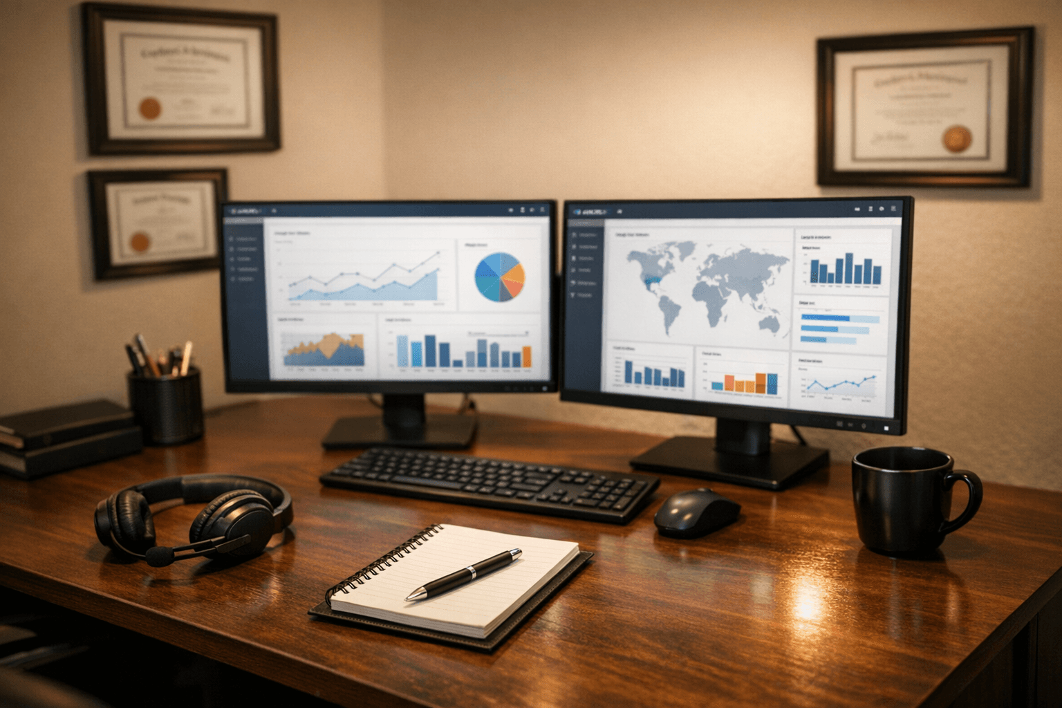 Account manager reviewing multi-location oil management performance on screen