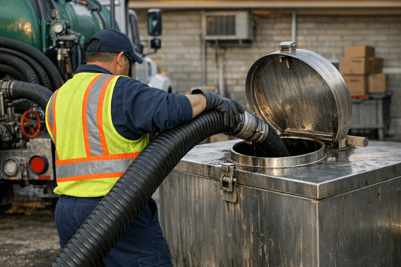 CDFA-licensed driver pumping used cooking oil from a restaurant grease container