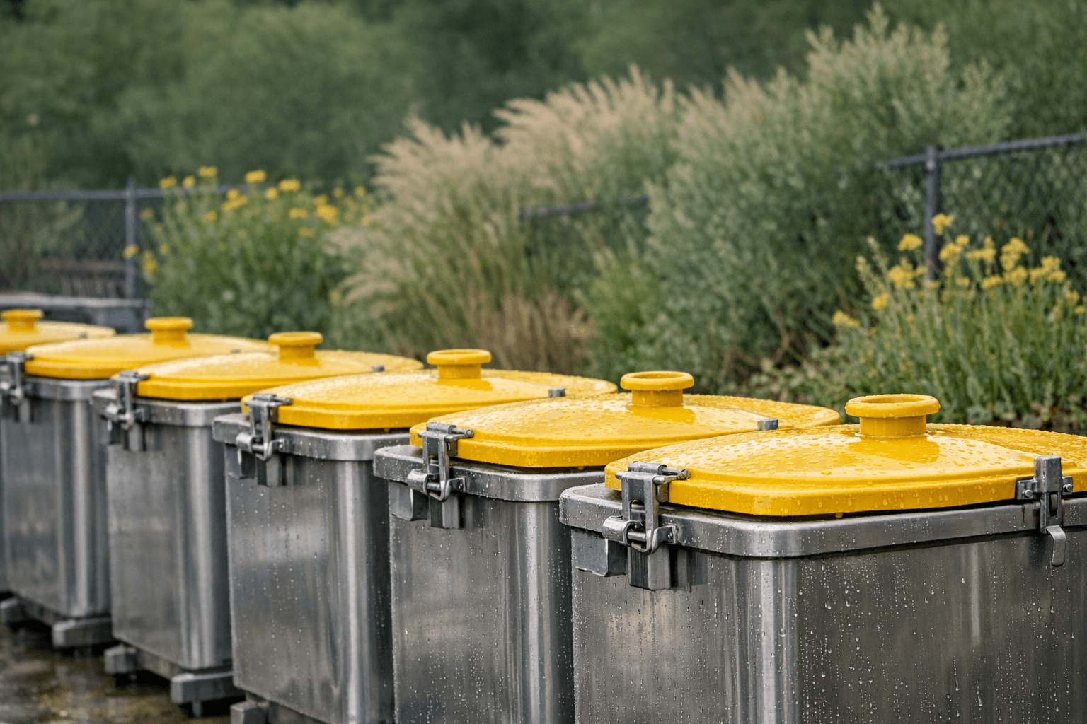 Row of sealed yellow grease collection containers at a processing facility with green vegetation and sustainable landscaping