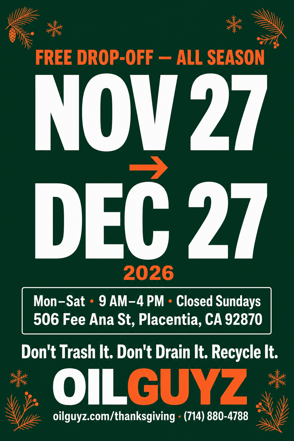 Free drop-off all season, Nov 27 to Dec 27