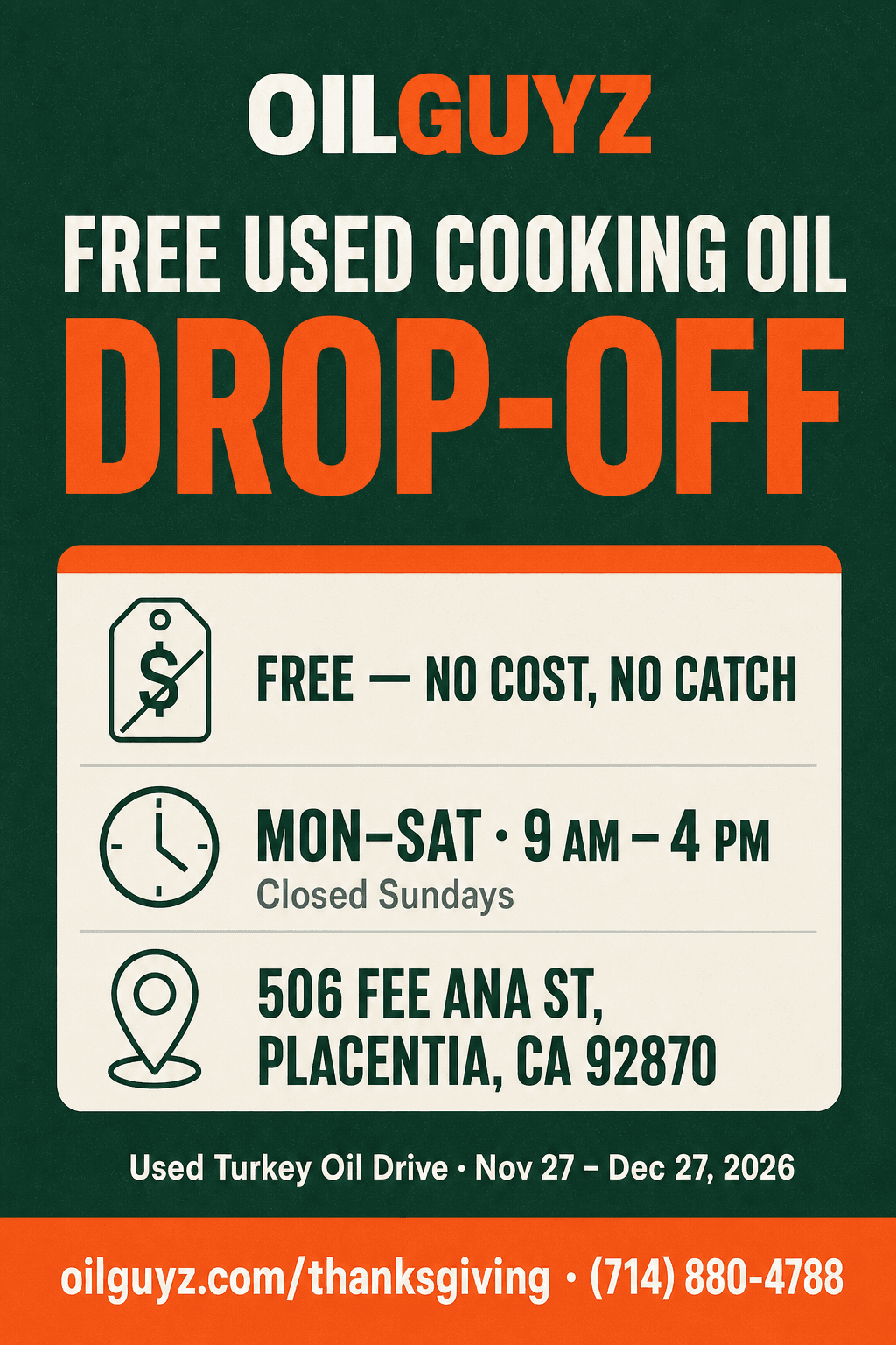 Free used cooking oil drop-off details, Placentia