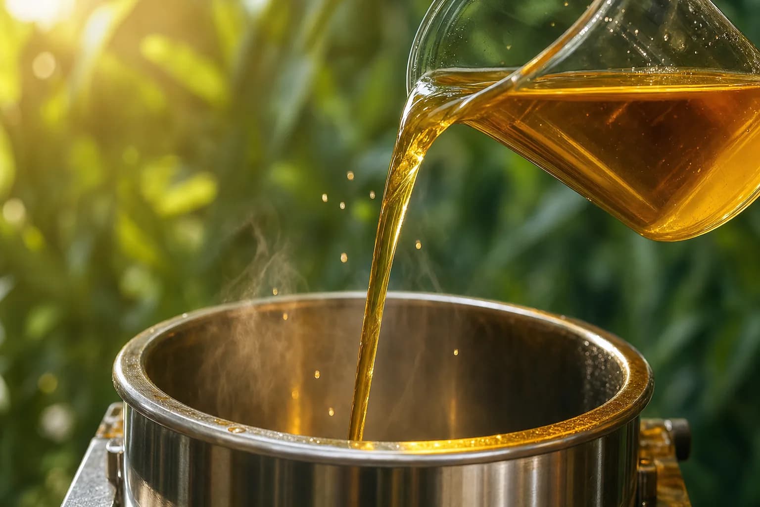 Golden used cooking oil being poured into a stainless steel refining vessel against a hunter green leafy background, representing the conversion of restaurant UCO into low-carbon biodiesel