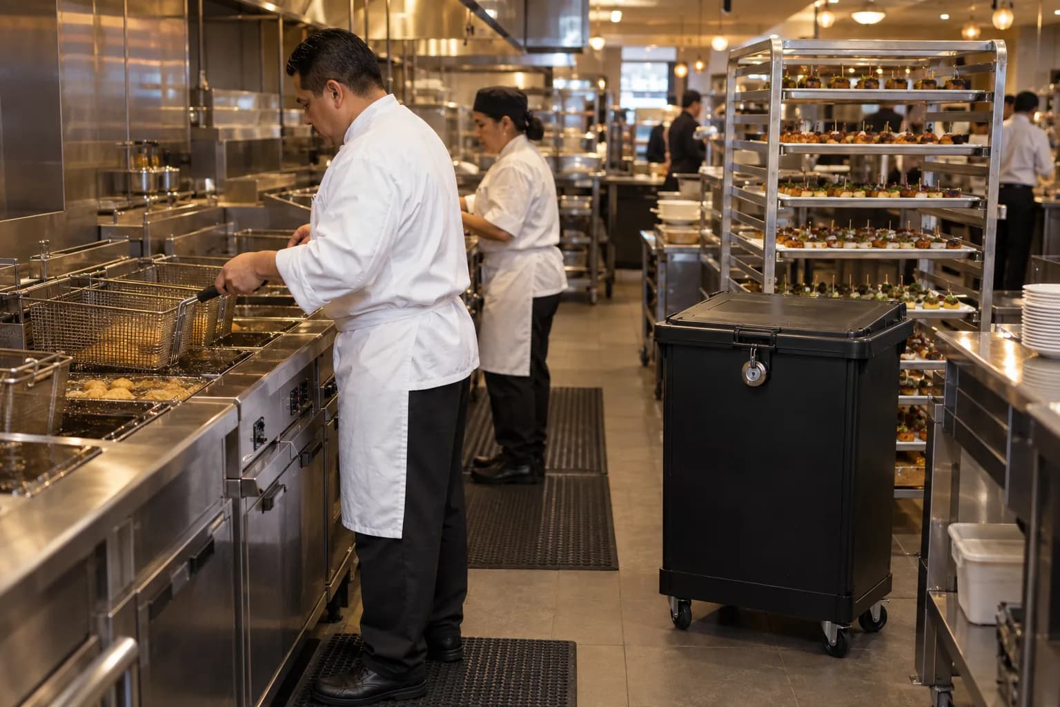 Cooks frying appetizers in an Anaheim hotel banquet kitchen during a convention week, with a locked black used cooking oil caddy on casters at the end of the fryer line