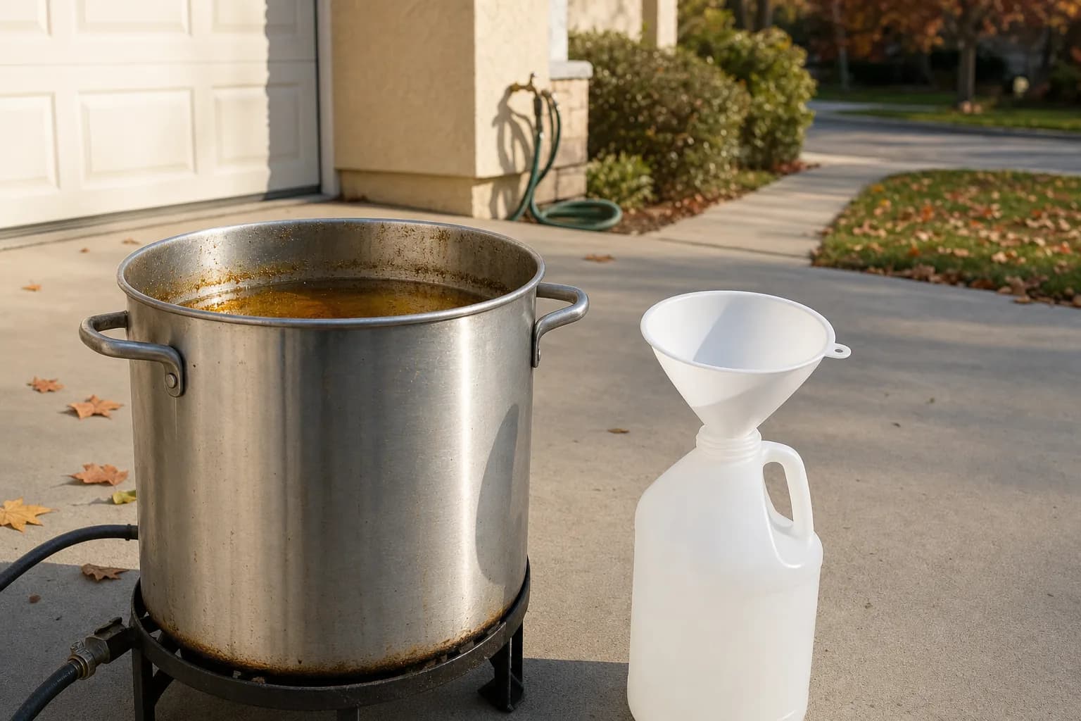 A turkey fryer pot of cooled golden oil on a driveway next to a sealed jug, ready to be carried away for recycling instead of poured down a drain
