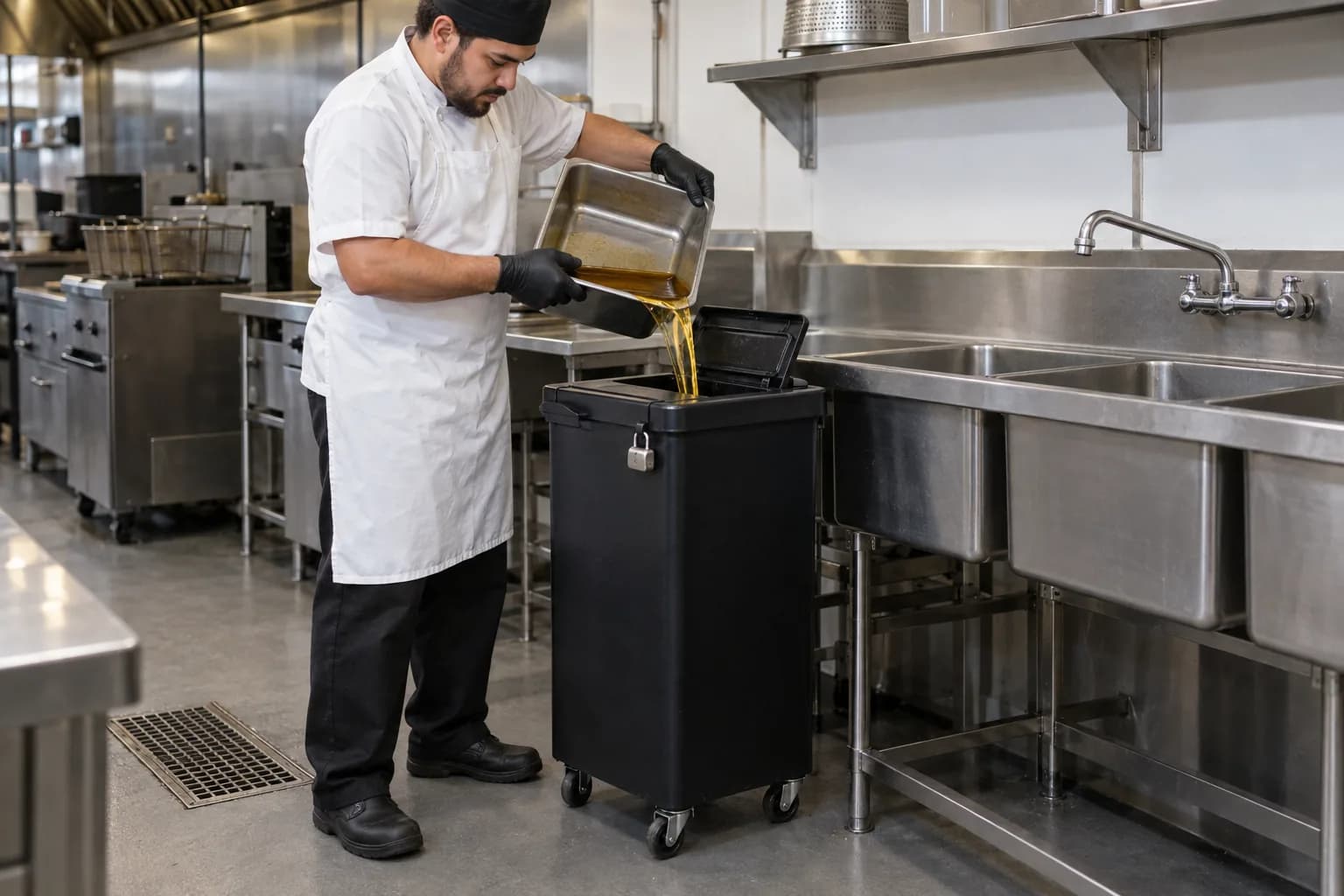 A restaurant cook pours cooled fryer oil into a locked black used cooking oil caddy instead of the sink or floor drain beside him