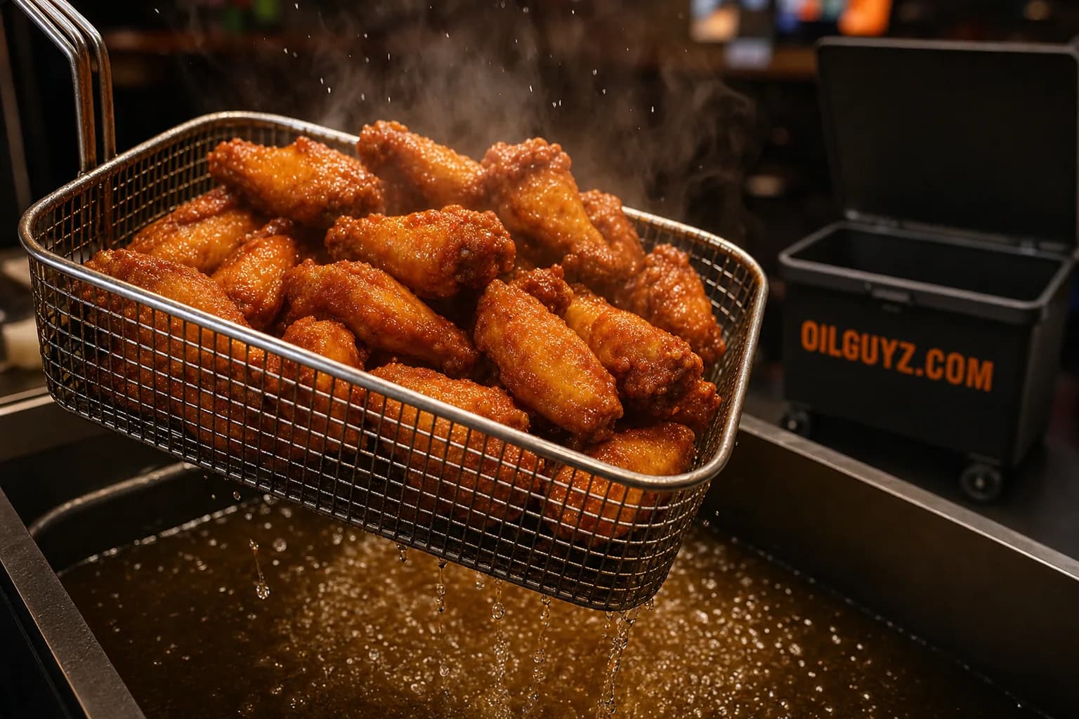 Stainless fryer basket lifting crispy golden buffalo chicken wings out of bubbling hot oil in a commercial kitchen.