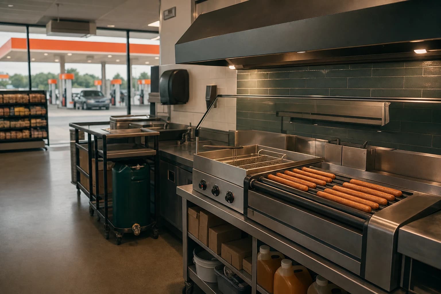 Convenience store owner setting out a locked anti-theft used cooking oil container behind a gas-station kitchen with a roller grill and fryer inside