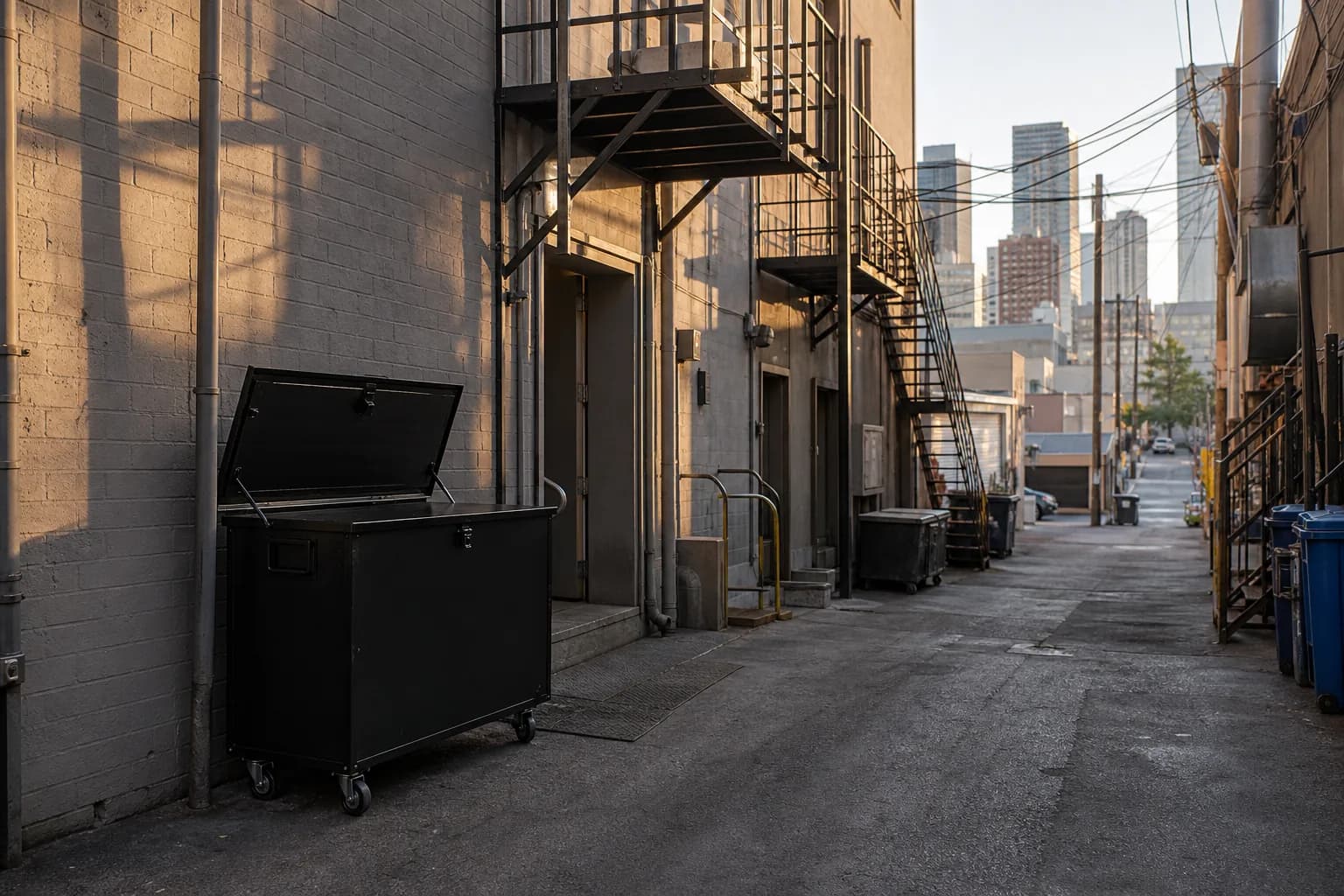 A sealed black cooking oil collection bin with a padlock, standing against a brick wall in an empty Los Angeles restaurant back alley, with a fire escape and utility lines overhead and no people in the scene