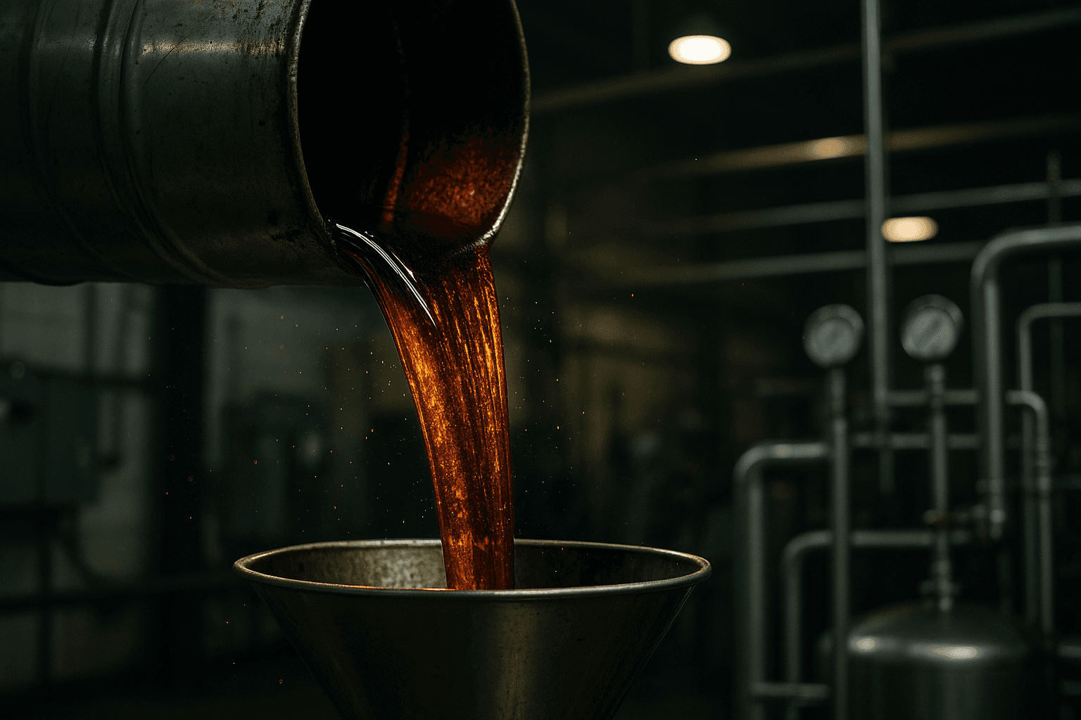 Dark amber used cooking oil being poured into a recycling processing tank