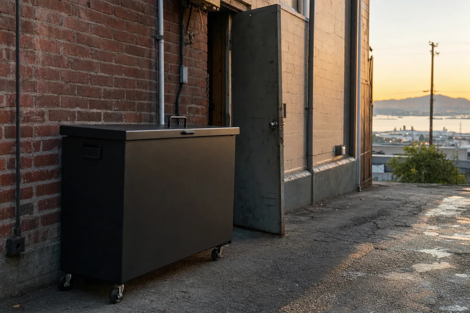Oakland East Bay restaurant kitchen back door with a locked outdoor used cooking oil collection bin, Bay hills in the distance