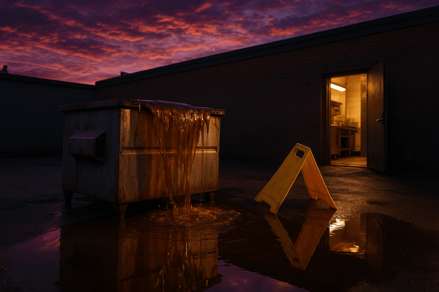 Commercial kitchen floor drain with caution signage