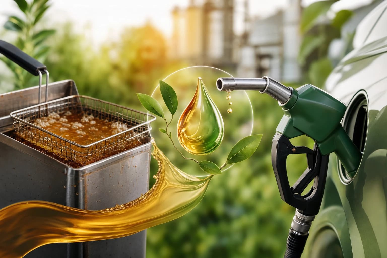 Amber used cooking oil draining from a fast food fryer into a locked collection container before recycling into renewable fuel