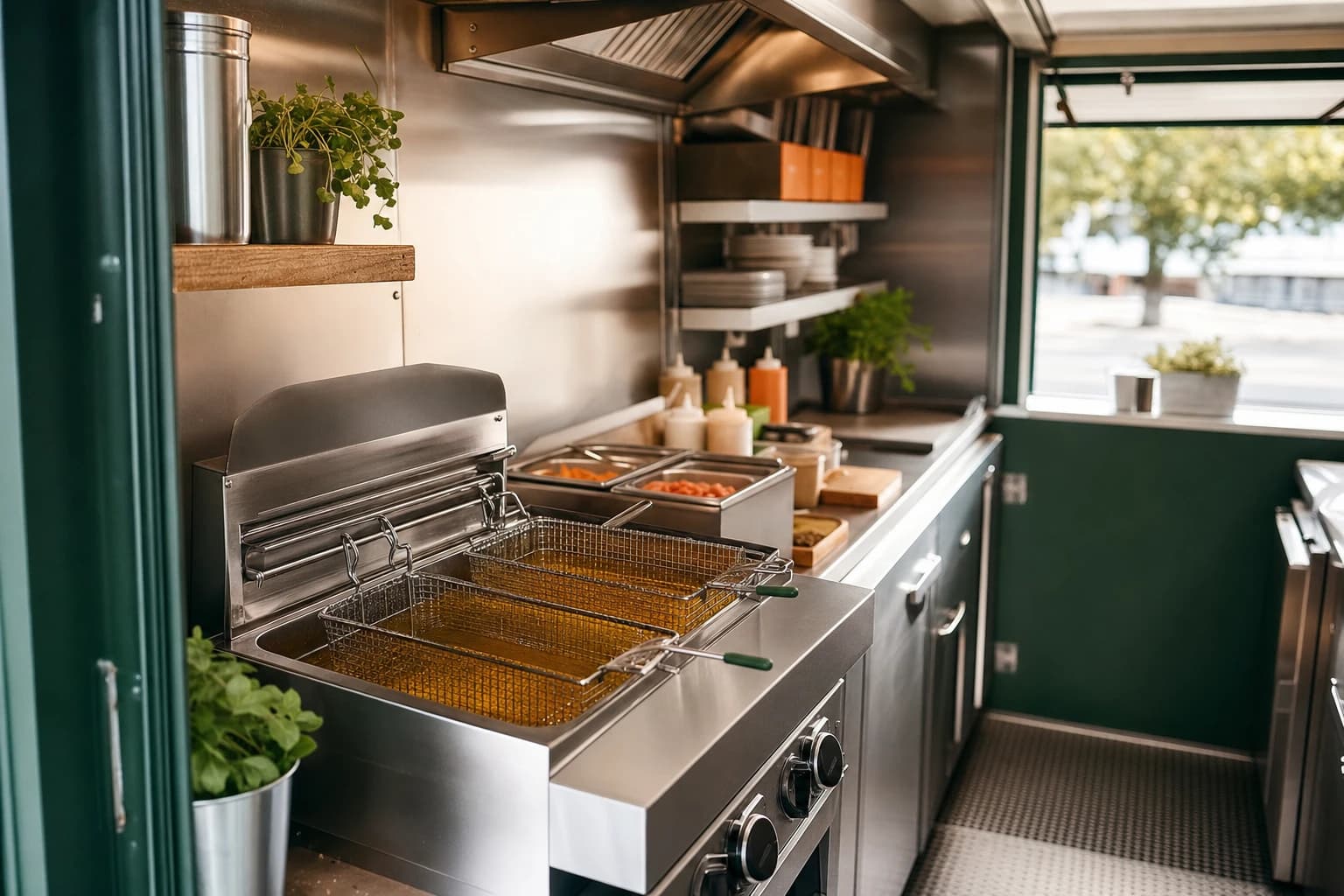 A food truck fryer station beside a small locked used cooking oil collection container at a commissary lot