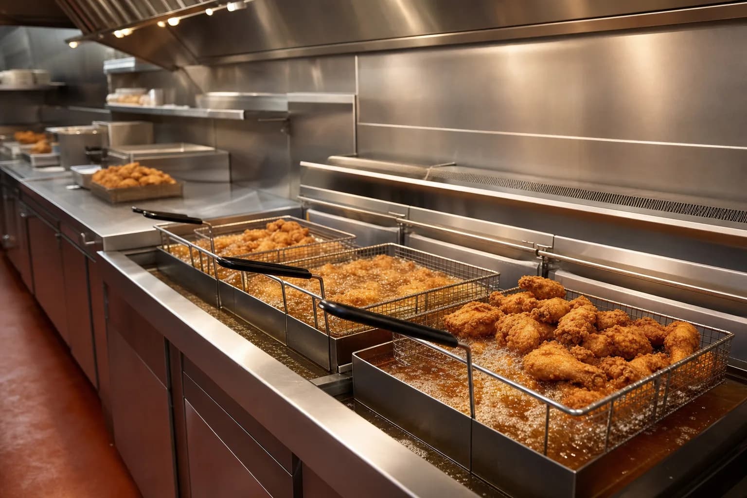 Commercial fried-chicken kitchen line with stainless-steel deep fryers full of golden oil and baskets of crispy fried chicken.