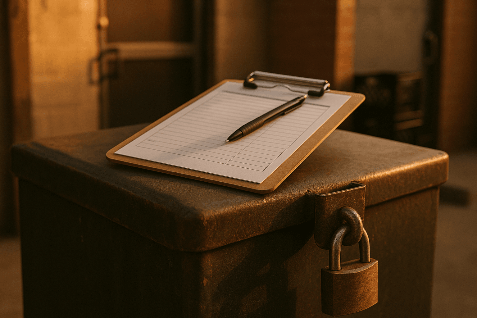 Clipboard with pen resting on a locked commercial grease collection container