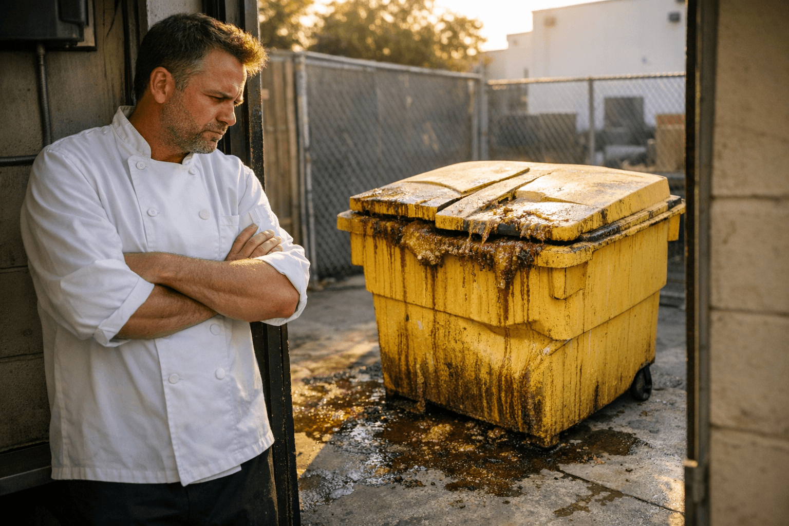 Restaurant owner reviewing grease pickup paperwork in a commercial kitchen