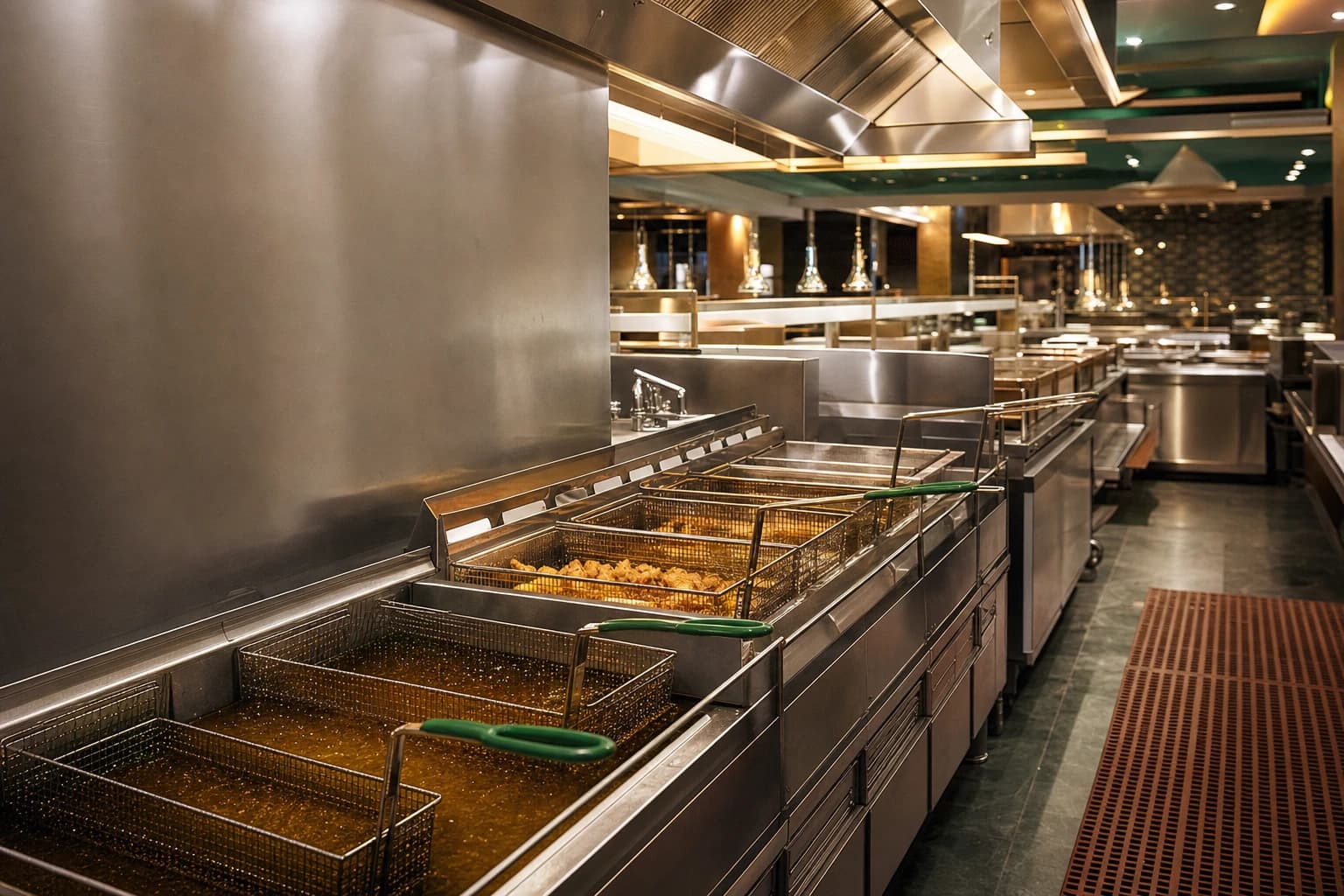 Locked black anti-theft used cooking oil container at a casino loading dock behind a high-volume buffet kitchen, staged for scheduled pickup and recycling into biodiesel feedstock
