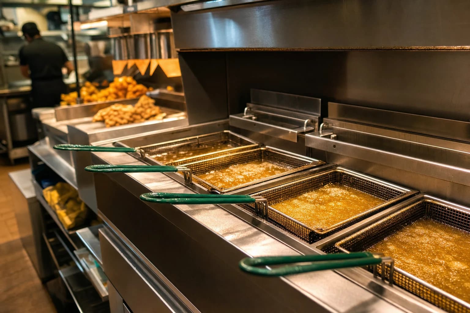 Stack of fry baskets and a locked outdoor used cooking oil collection bin behind a fast food kitchen
