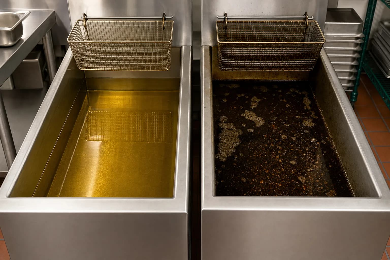 Two commercial deep fryers side by side comparing fresh clear frying oil with dark spent used oil.
