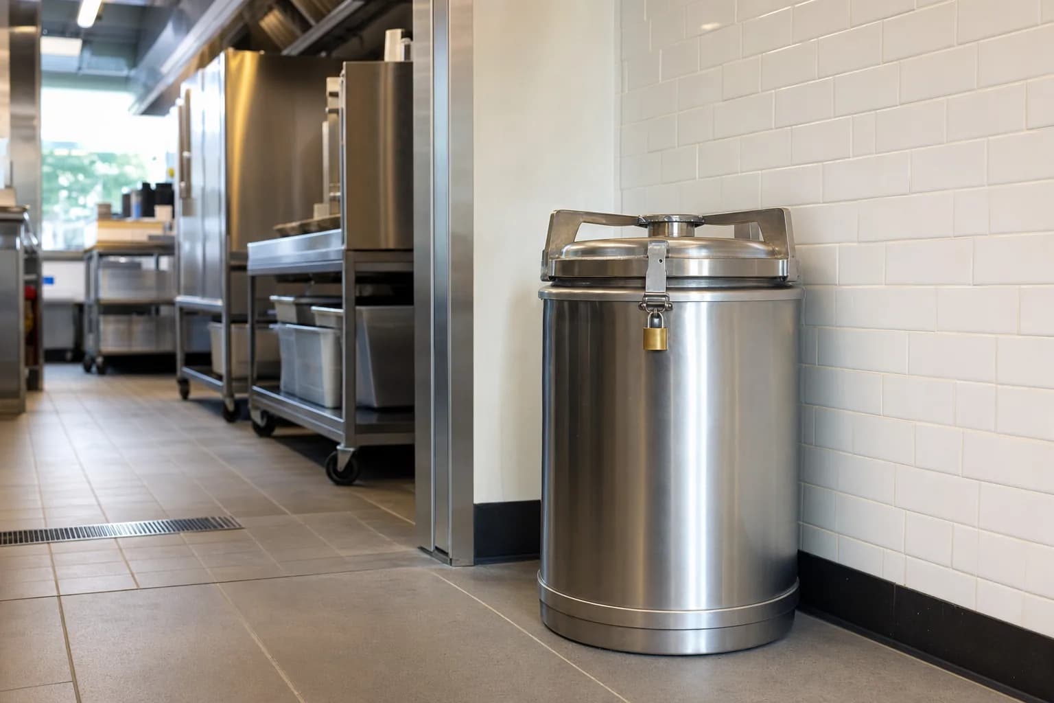 Locked outdoor used cooking oil collection bin beside a restaurant kitchen door