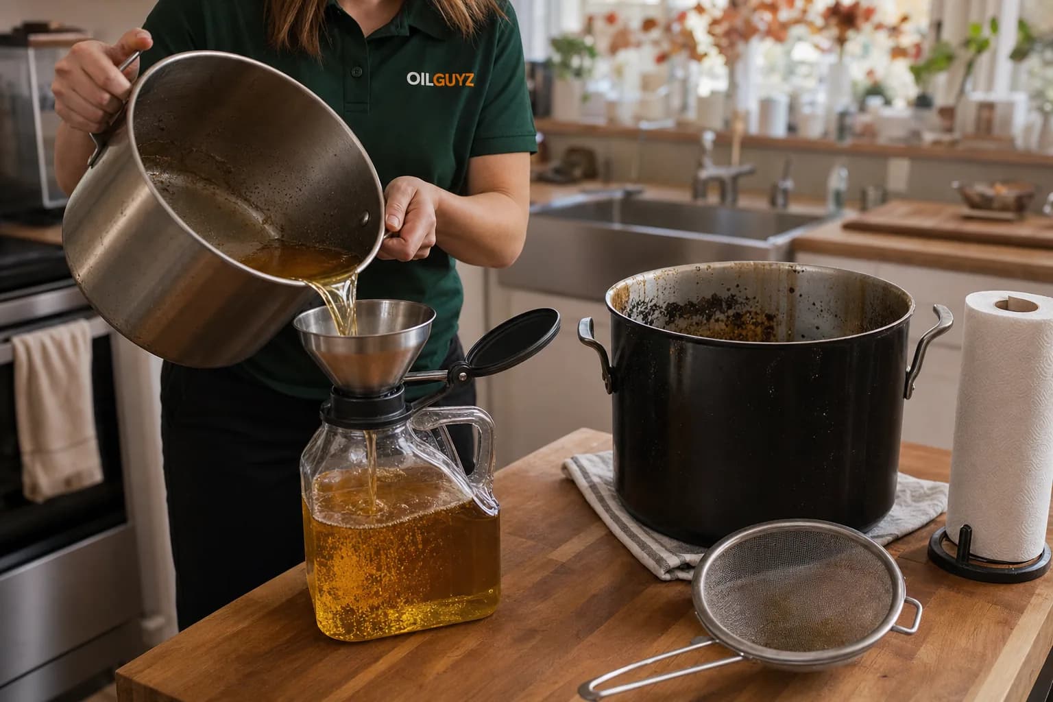 Cooled golden turkey fryer oil being poured through a funnel into a sealed jug on a kitchen counter the morning after Thanksgiving, ready for recycling drop-off
