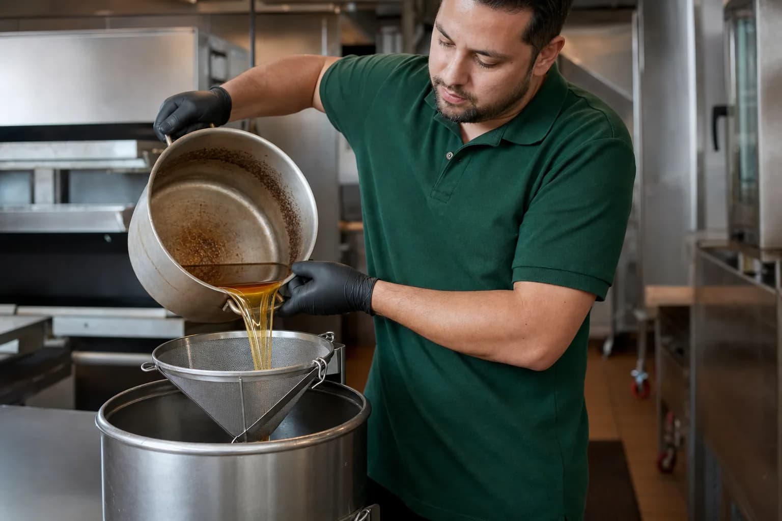Cooled used cooking oil being poured through a mesh strainer into a sealed collection container in a commercial kitchen
