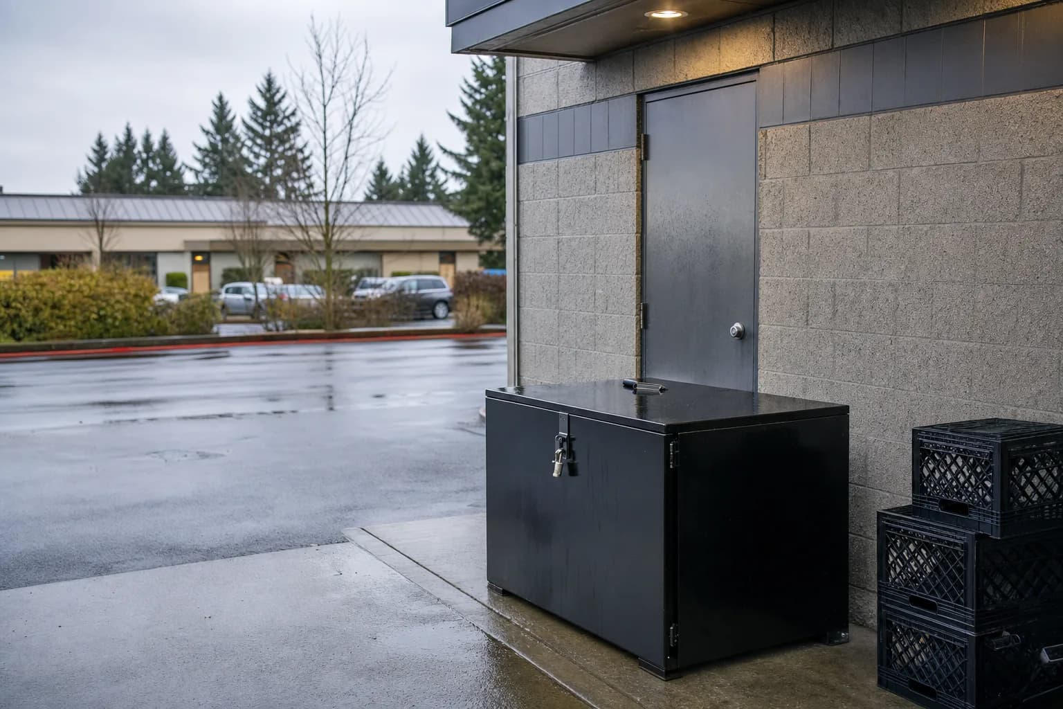 The back door of a suburban strip-mall restaurant in University Place, Washington on an overcast morning, with a locked black metal used cooking oil collection bin on the pavement beside the loading area