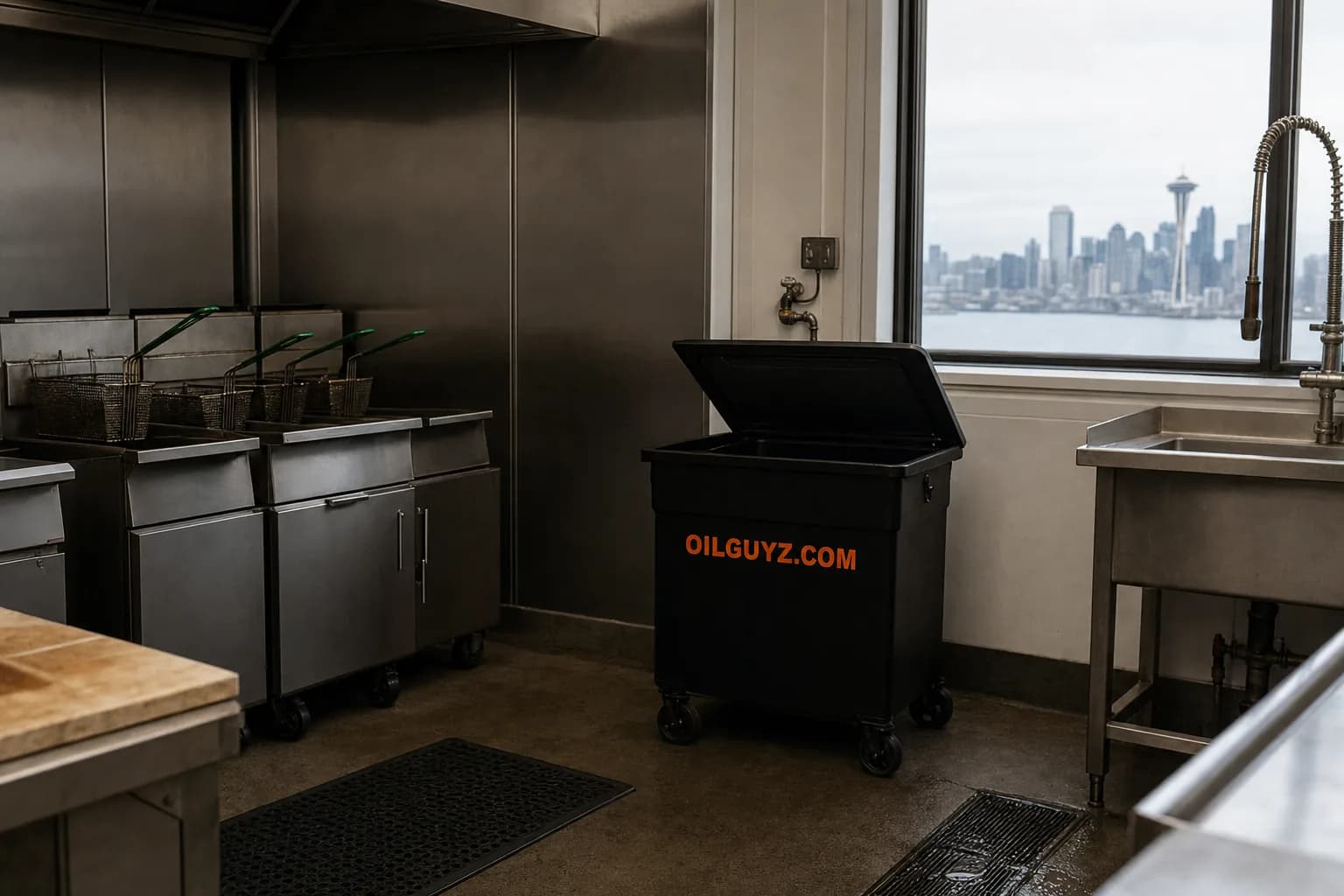 A stainless steel commercial restaurant kitchen in Seattle with deep fryers and a floor drain, clean and organized during prep