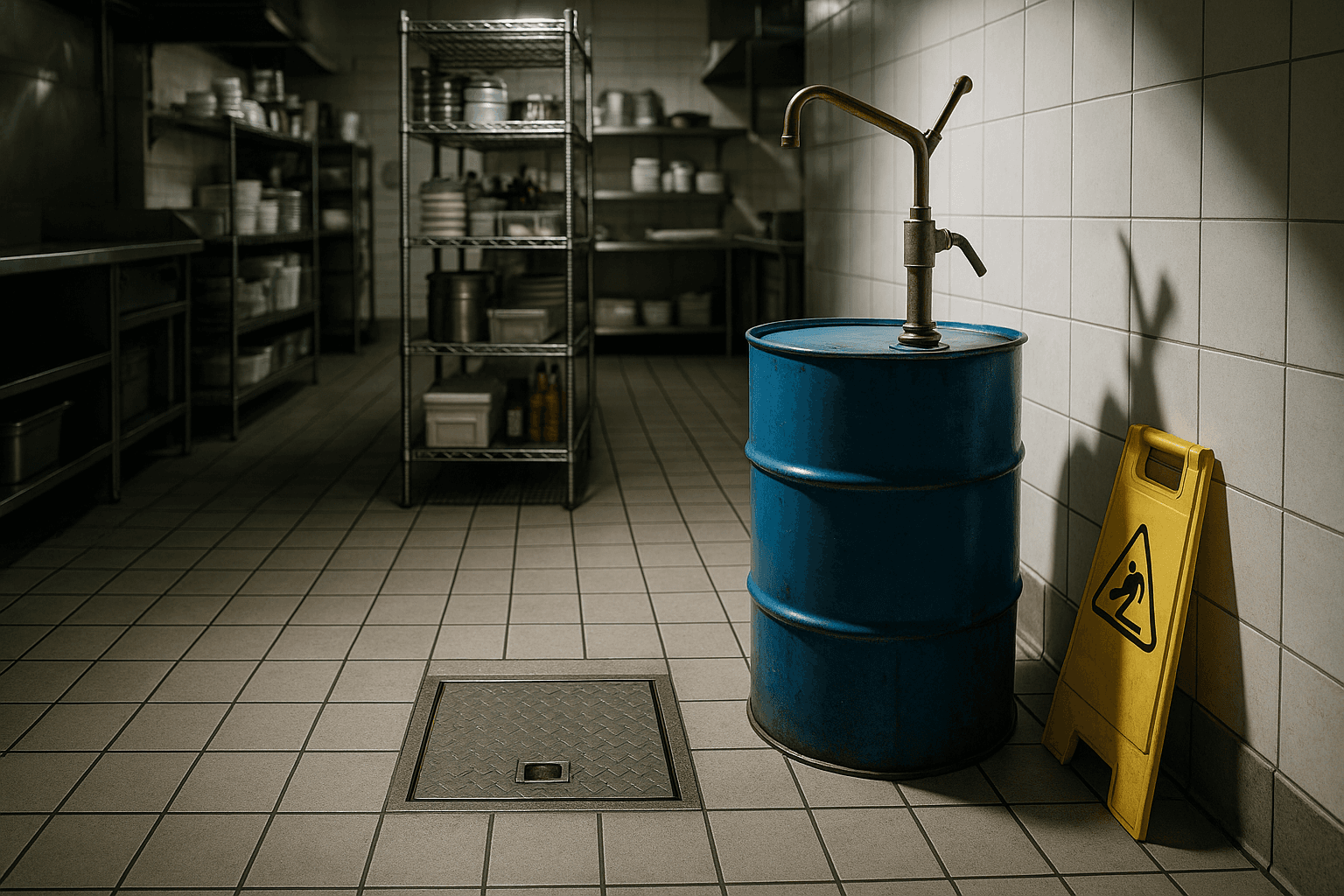 UCO collection container with pump connector near a grease trap in a commercial kitchen