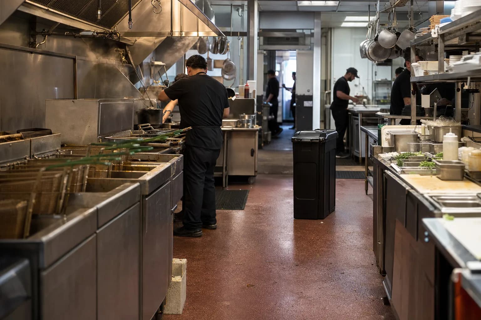 A San Jose commercial restaurant kitchen back-of-house with stainless steel fryers on the cook line and a sealed floor-standing used cooking oil collection bin near the rear delivery door