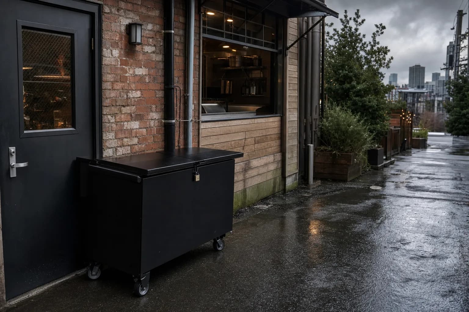 A Seattle restaurant back-of-house exterior with a locked used cooking oil collection bin beside the kitchen door, rainy Pacific Northwest alley