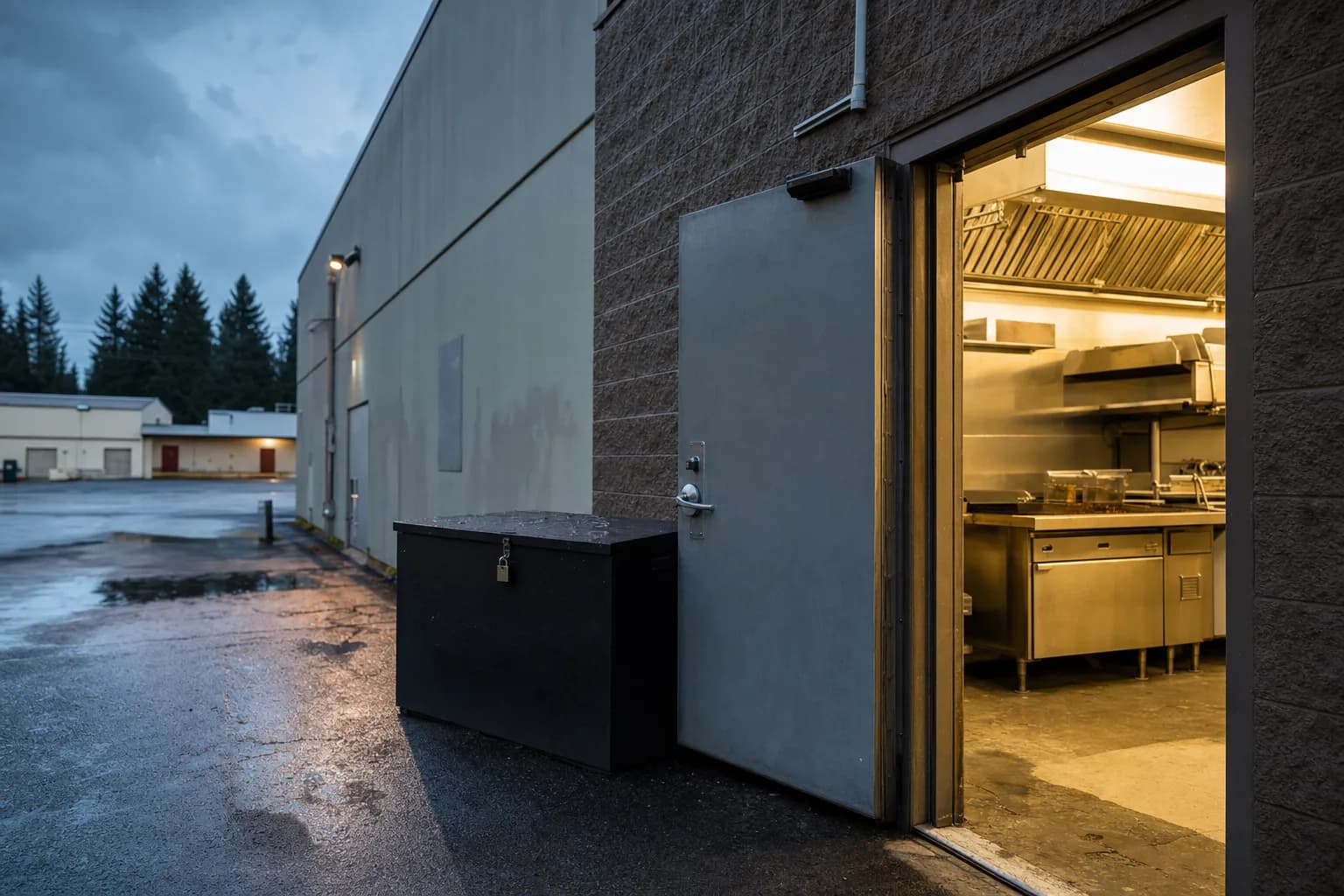 The back door and loading area of a busy restaurant in Kent, Washington at dusk, with a locked metal used cooking oil collection bin beside the door and a stainless steel fryer visible through the open kitchen entrance