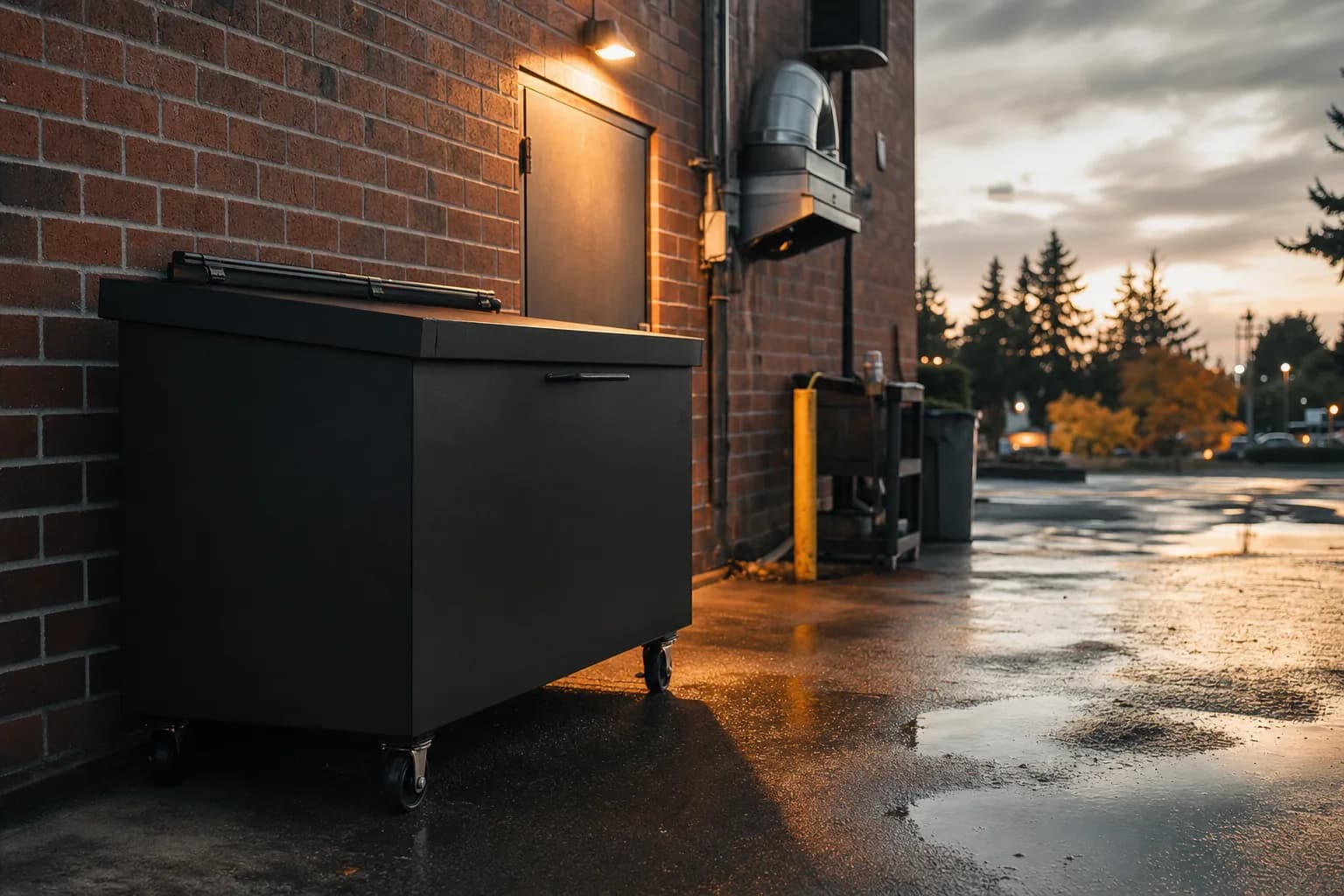 A commercial kitchen back door in Tacoma, Washington at dusk with a locked metal used cooking oil collection bin beside it