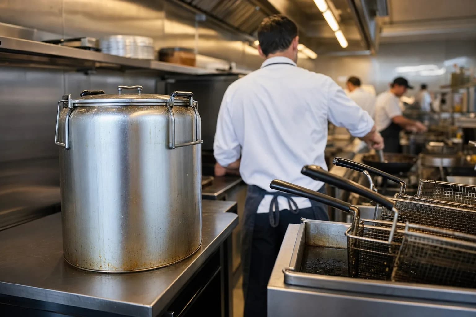 Sealed lockable used cooking oil container in a back-of-house restaurant corral ready for licensed pickup