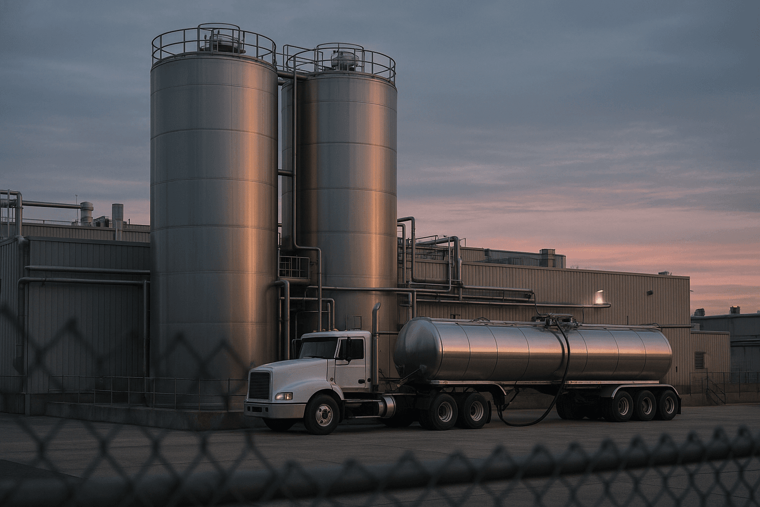 Industrial food processing facility with holding tanks and tanker truck at loading dock