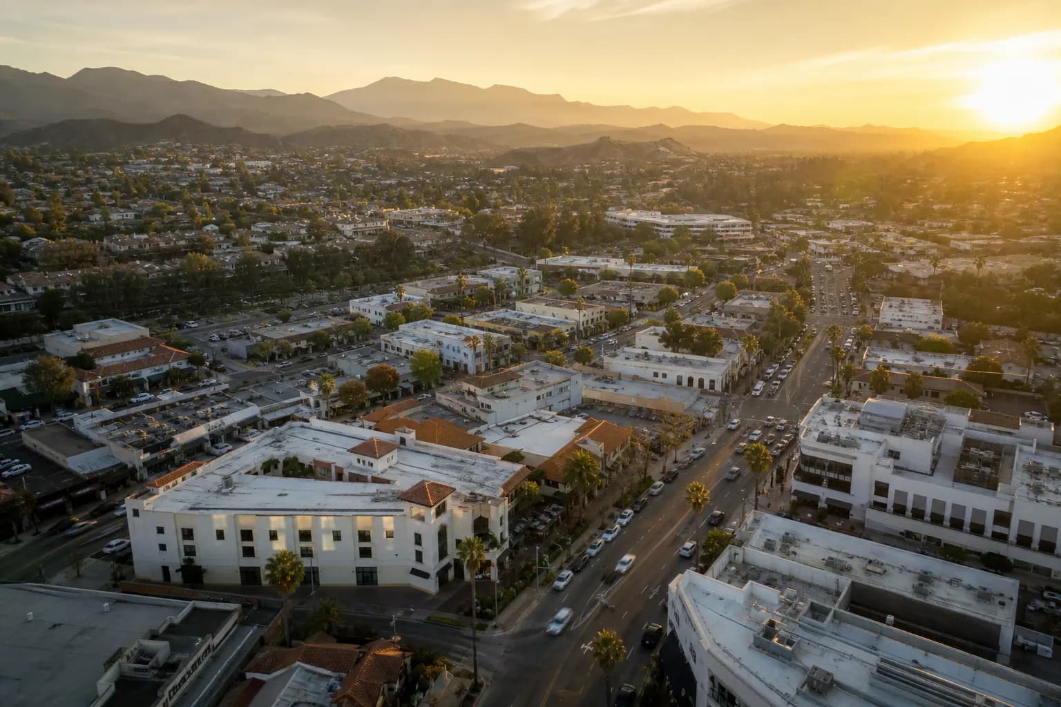 Aerial view of Agoura Hills restaurant district at golden hour