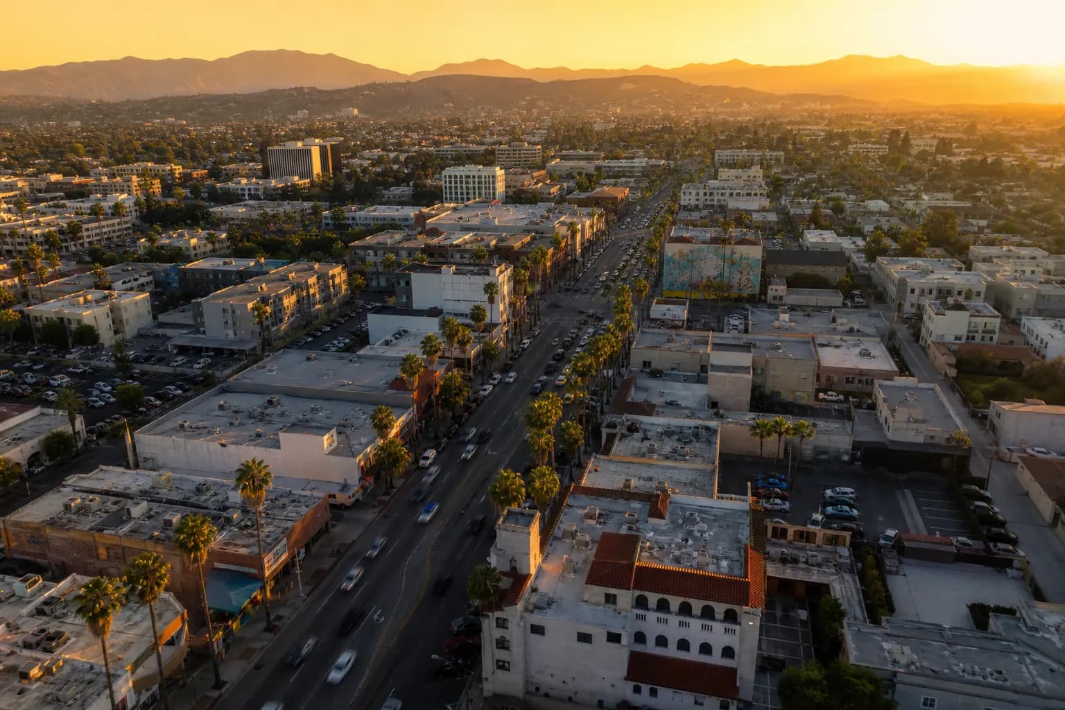 Aerial view of Alhambra restaurant district at golden hour