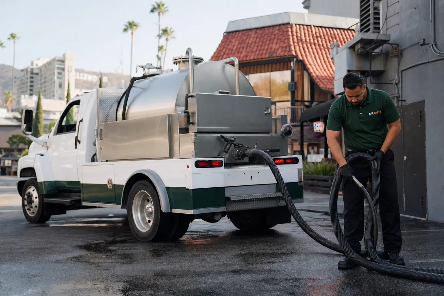 Free used cooking oil pickup at a Alhambra restaurant — unbranded white pump truck with hunter-green Oil Guyz technician